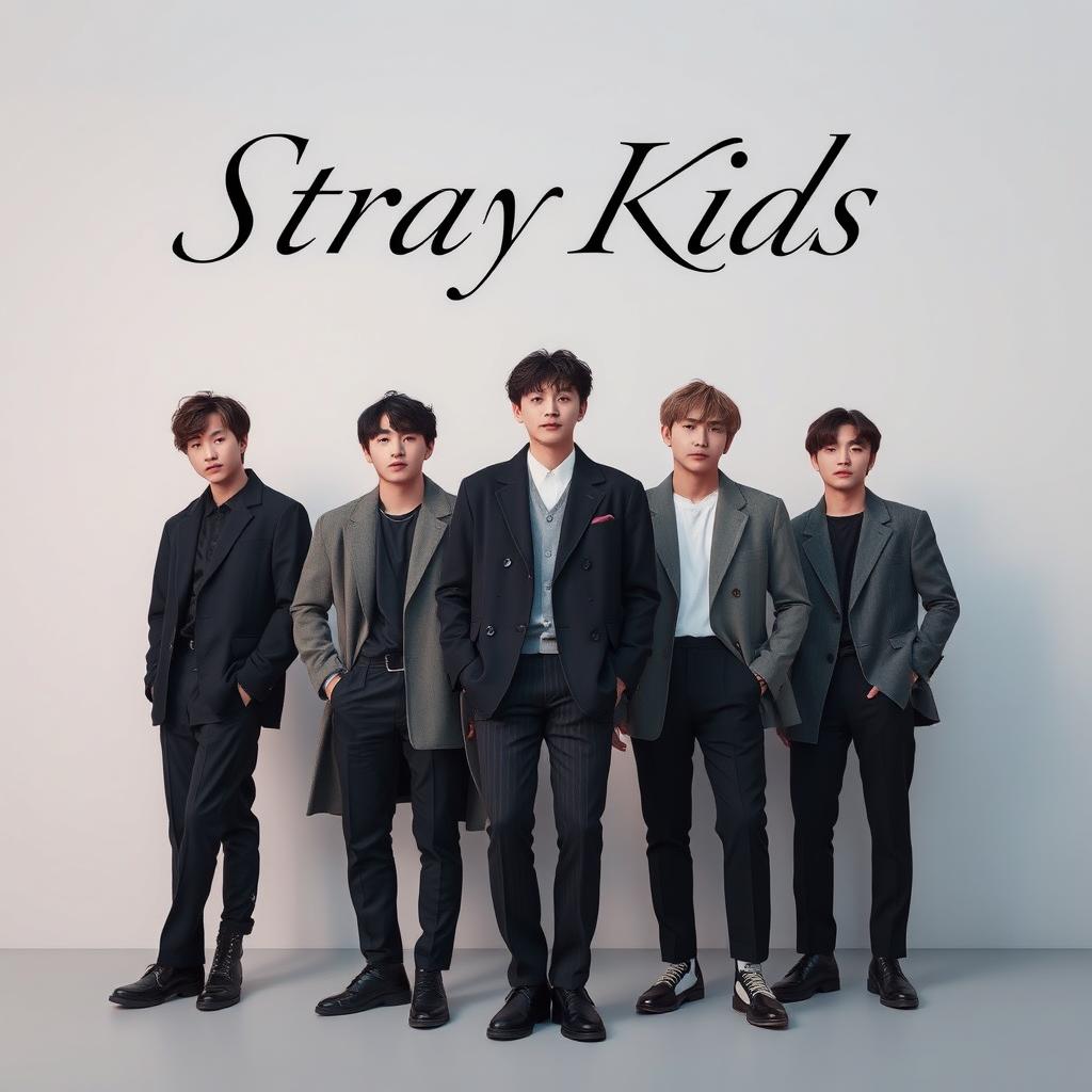 A cool, elegant, and sophisticated poster of the K-pop band Stray Kids, featuring the members in stylish fashion