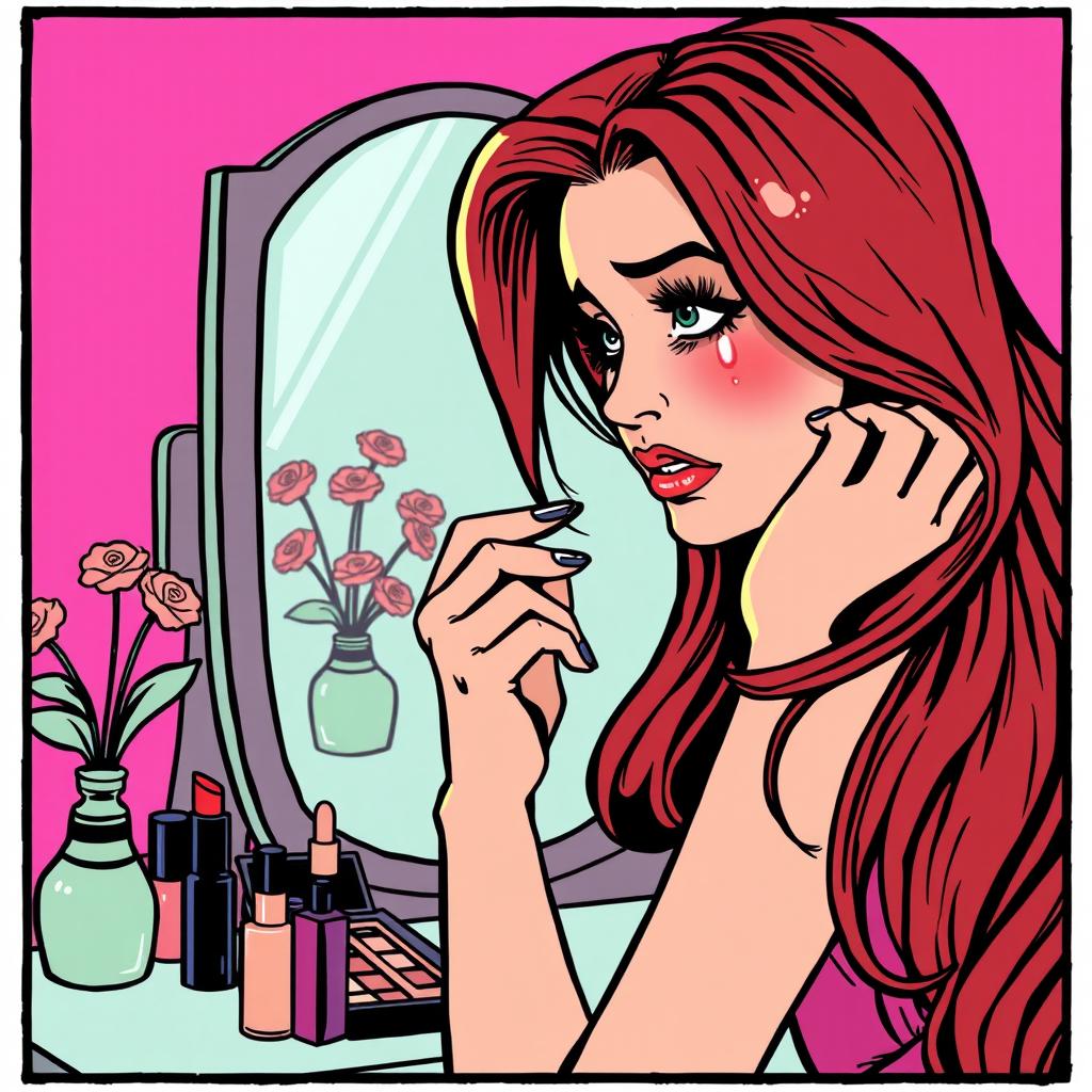 A stylized comic art illustration featuring a woman with long, flowing hair, sitting in front of a vanity mirror