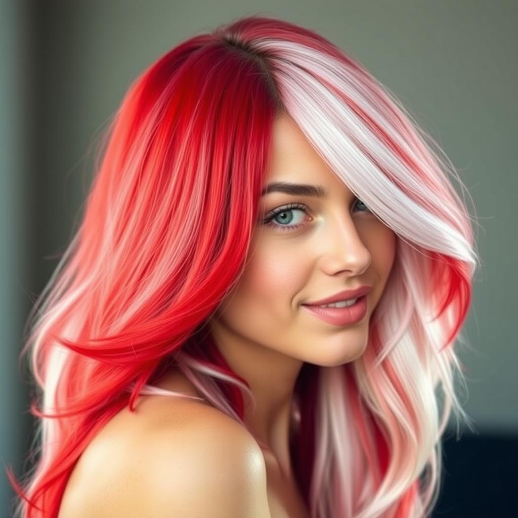 A stunning woman with her hair beautifully dyed in a striking half red, half white style