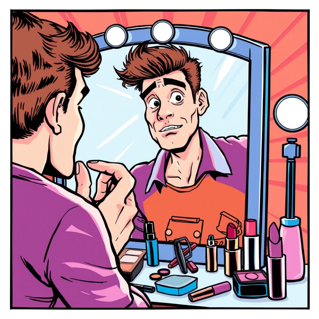 A comic art style illustration featuring a man in front of a mirror as he puts on makeup