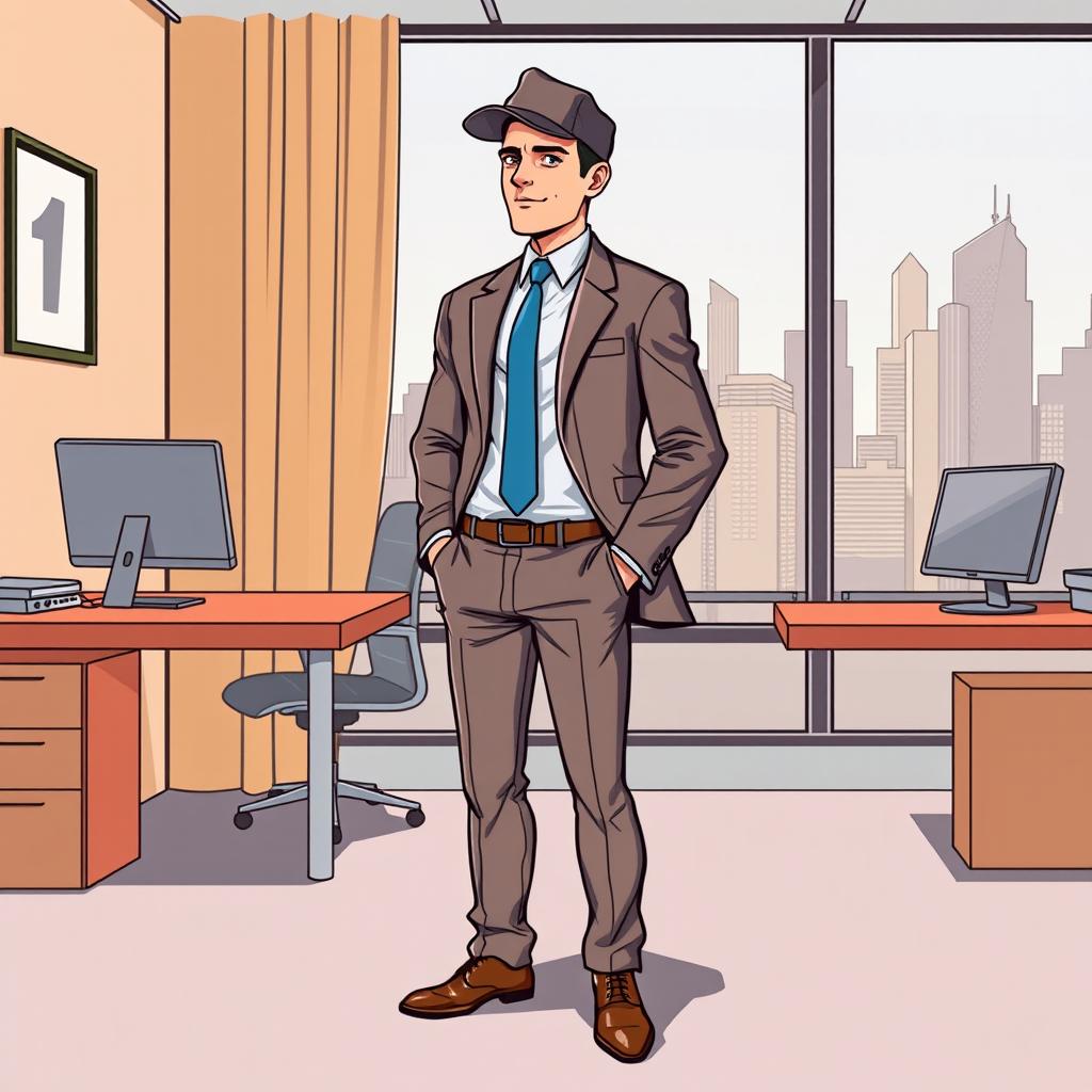A comic style illustration of an office-going man wearing formal attire, including a tailored suit and dress shoes