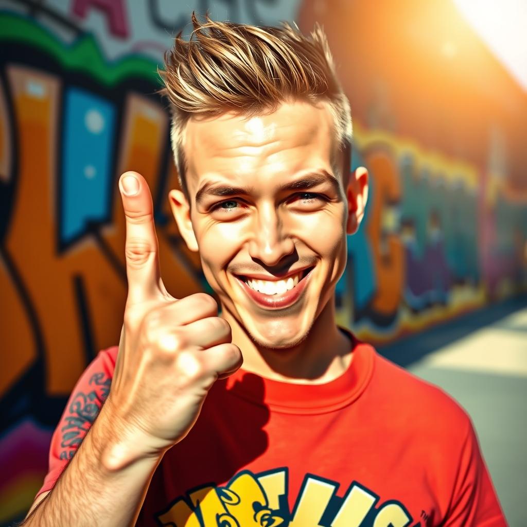 A bold and expressive person showing a middle finger gesture in a playful and humorous manner