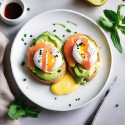 Two poached eggs on a slice of crusty bread, topped with ripe avocado, smoked salmon, a sprinkle of luxurious caviar, and a generous drizzle of creamy hollandaise sauce. All served on a white porcelain plate.