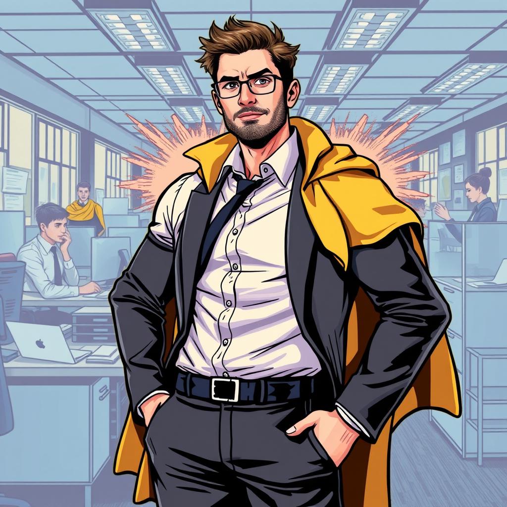 A comic style illustration of a working man dressed in formal attire, including a crisp dress shirt, tailored suit, and polished shoes, with a cape subtly draped over his shoulders, giving the impression of a hero without being overly dramatic