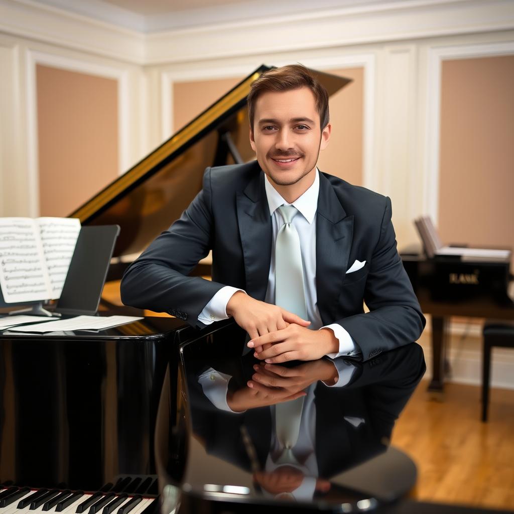 A professional pianist leaning on a polished black grand piano in an elegant piano practice room, wearing stylish pianist clothing such as a tailored black suit, white dress shirt, and a tie