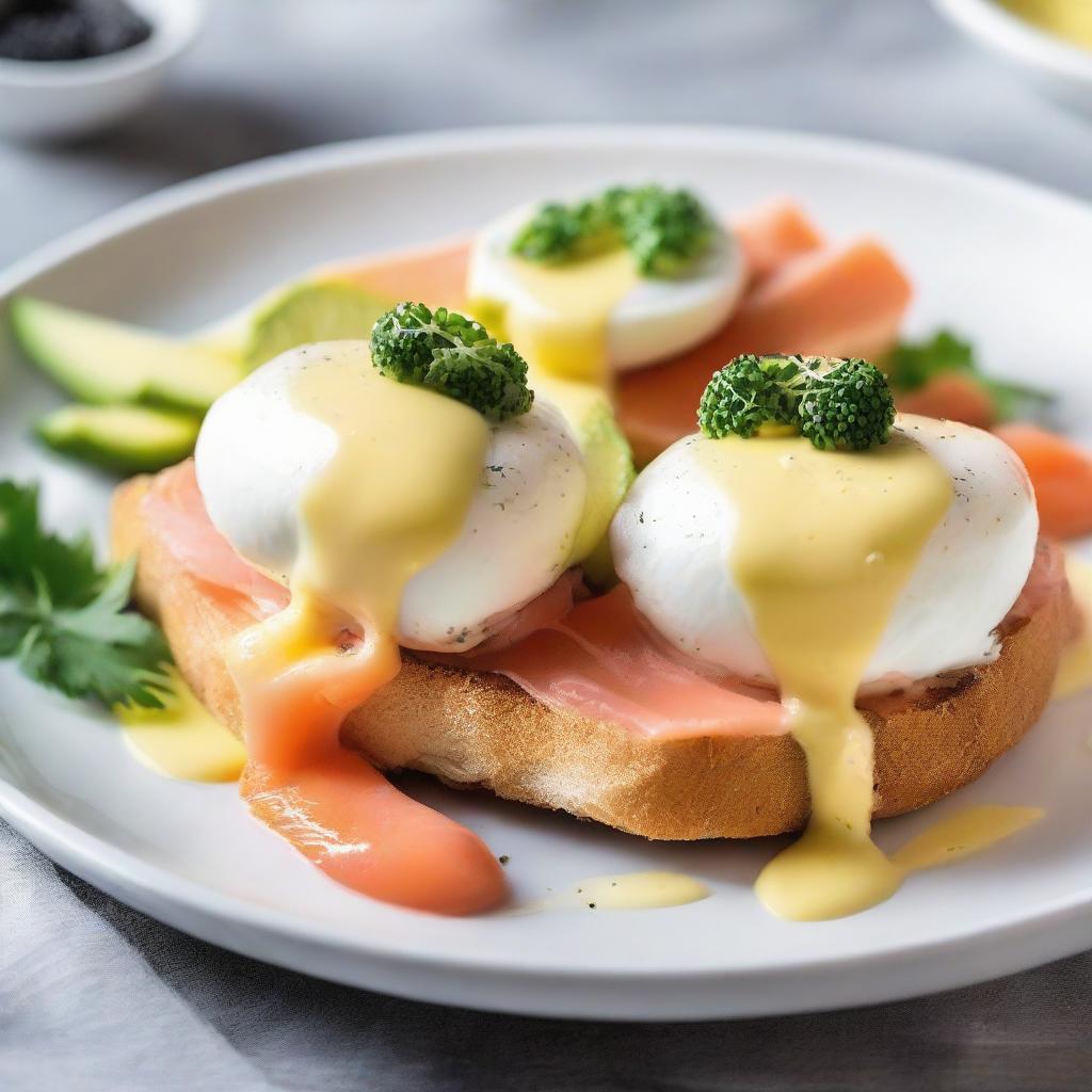 Two poached eggs on a slice of crusty bread, topped with ripe avocado, smoked salmon, a sprinkle of luxurious caviar, and a generous drizzle of creamy hollandaise sauce. All served on a white porcelain plate.