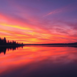 An exact replica of the provided image featuring a serene sunset over a calm lake, the sky painted in vibrant shades of orange, pink, and purple
