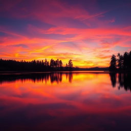 An exact replica of the provided image featuring a serene sunset over a calm lake, the sky painted in vibrant shades of orange, pink, and purple