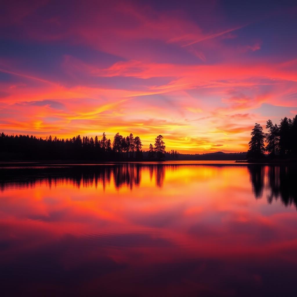 An exact replica of the provided image featuring a serene sunset over a calm lake, the sky painted in vibrant shades of orange, pink, and purple