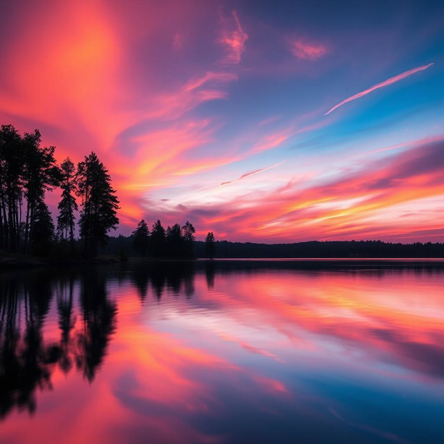 An exact replica of the provided image featuring a serene sunset over a calm lake, the sky painted in vibrant shades of orange, pink, and purple
