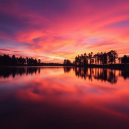 An exact replica of the provided image featuring a serene sunset over a calm lake, the sky painted in vibrant shades of orange, pink, and purple