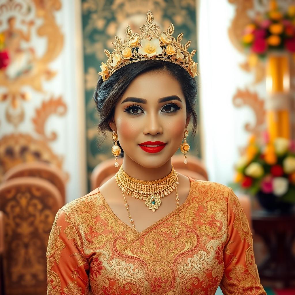 A traditional Javanese bride, adorned in an elaborate and intricate wedding kebaya with rich golden embroidery, wearing a beautifully crafted tiara made of jasmine flowers and gold