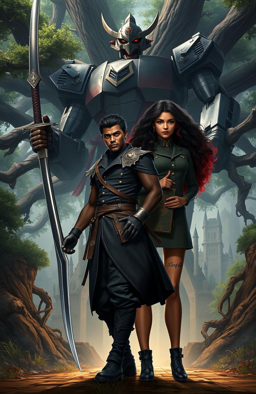 A strong African American male hero standing confidently, dressed in an outfit reminiscent of Noctis from Final Fantasy