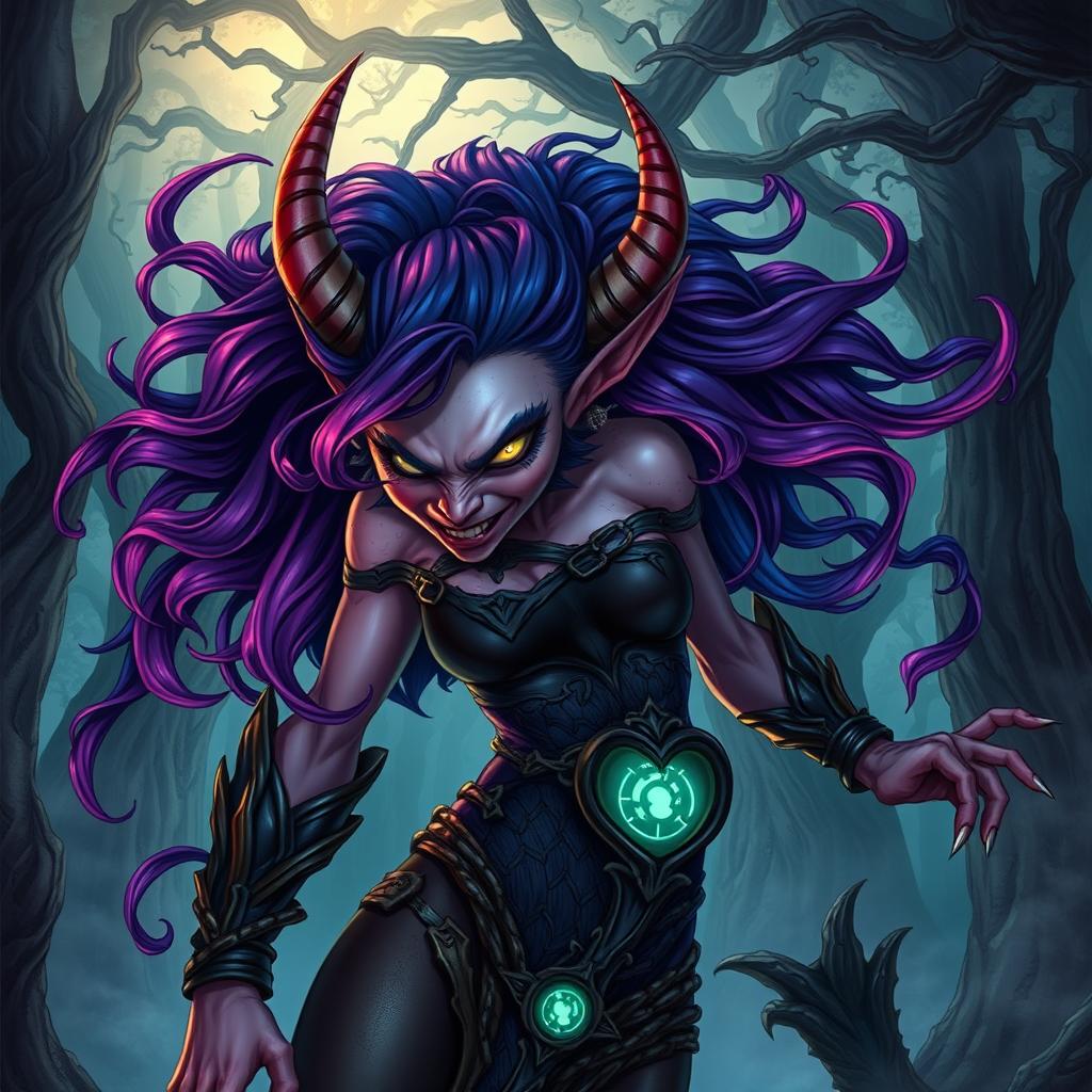 A vivid and dynamic illustration of a powerful Monster Woman, showcasing her formidable figure accentuated by vibrant colors and intricate detailing