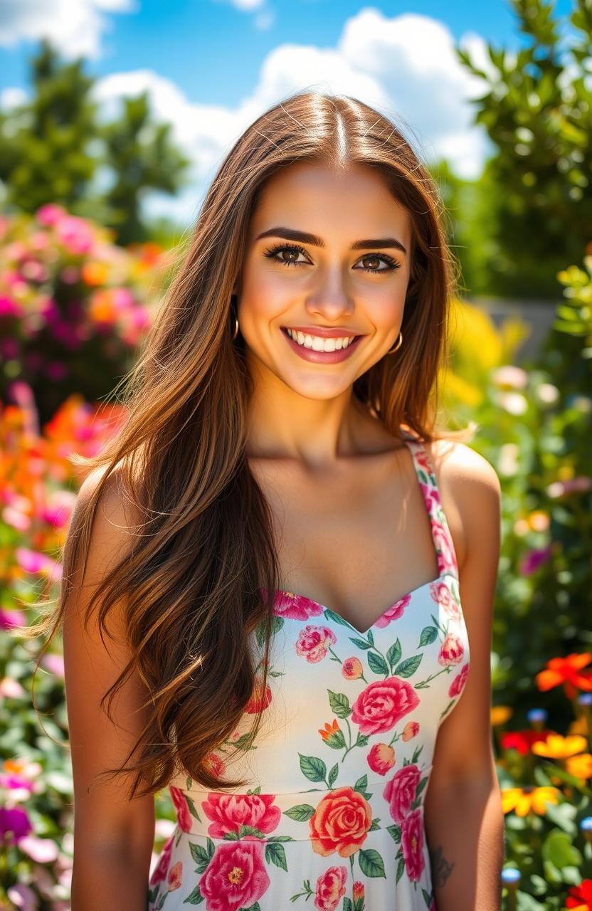 A vibrant portrait of Noemi Garcia Felix, an attractive young woman with long, flowing brown hair, striking hazel eyes, and a warm, inviting smile