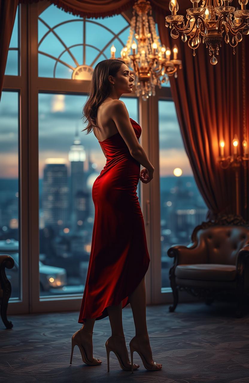 A dramatic scene depicting a heartbroken woman dressed in a stunning, form-fitting red dress with elegant heels, standing in a luxurious room filled with ornate decor