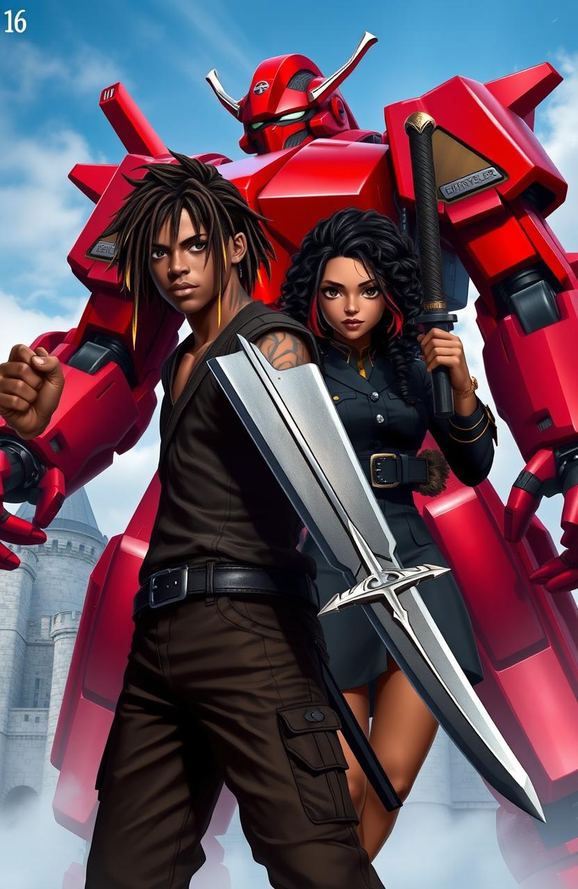 A strong, heroic African American male, aged 16, dressed in a style reminiscent of Noctis from Final Fantasy