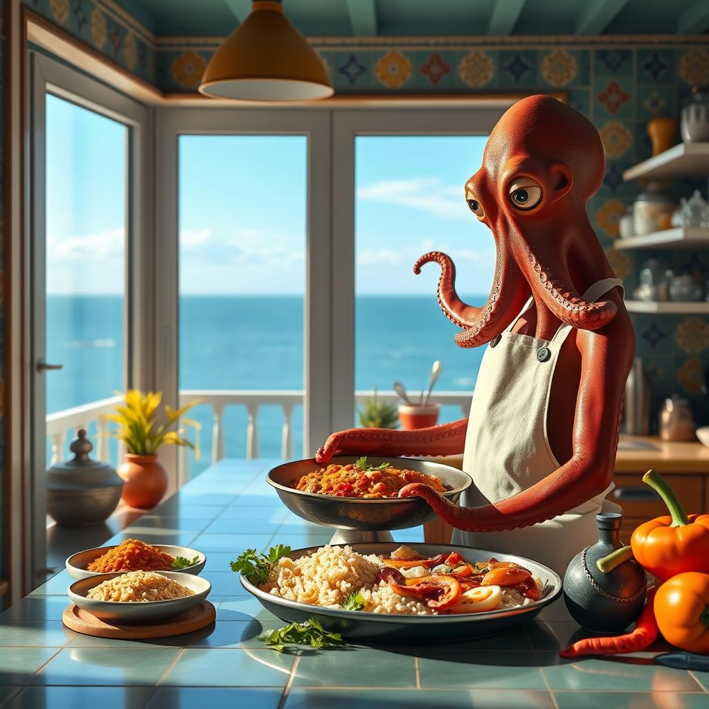 A hyper-realistic, cinematic image of an anthropomorphic octopus named Santiago, who is skillfully preparing a classic Spanish paella in a vibrant seaside kitchen in Valencia