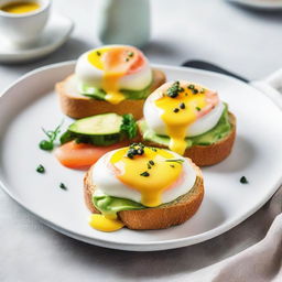 Two poached eggs on a slice of crusty bread, topped with ripe avocado, smoked salmon, a sprinkle of luxurious caviar, and a generous drizzle of creamy hollandaise sauce. All served on a white porcelain plate.