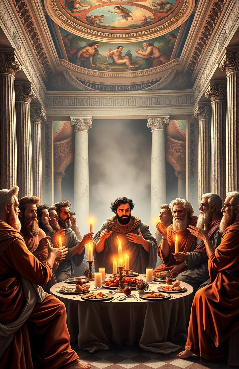 A dramatic representation of a scene from Plato's Symposium, showcasing a lively gathering of philosophers in ancient Greece