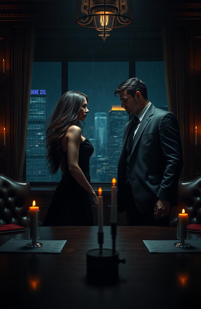 A dark romance scene set in a dimly lit corporate boardroom, where two enigmatic individuals engage in a silent, intense deal