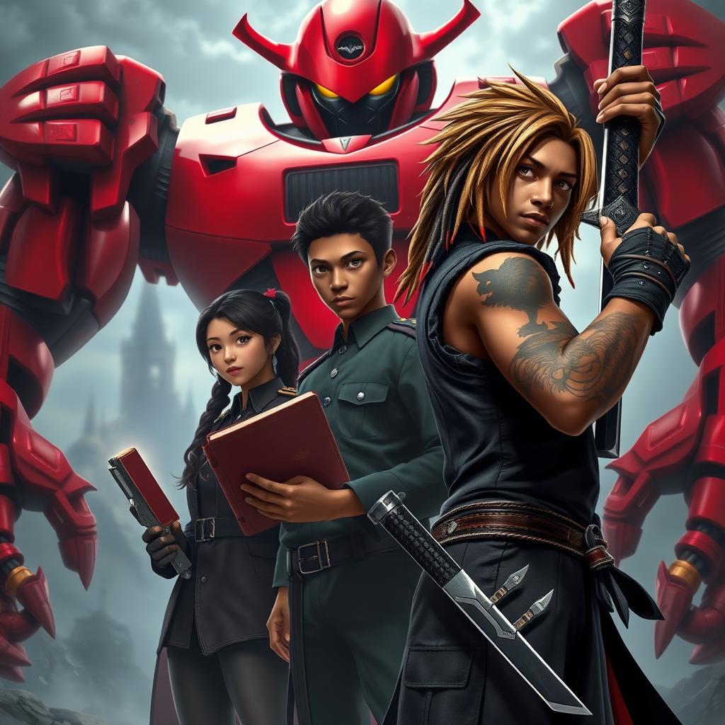 An African American male hero, 16 years old, dressed like Noctis from Final Fantasy, standing strong with a katana in his right hand and a magic revolver in his left