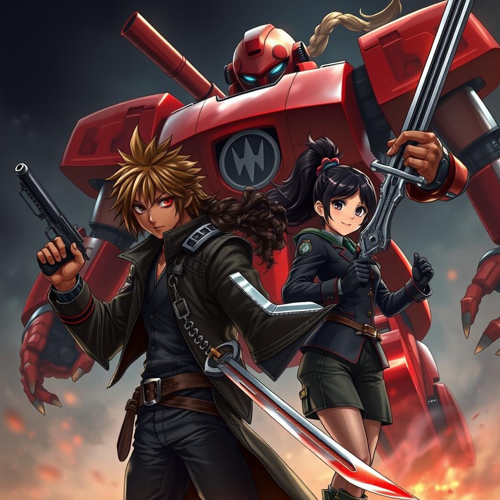 A striking scene featuring a strong African American male hero aged 16, dressed in dark, stylish attire reminiscent of Noctis from Final Fantasy