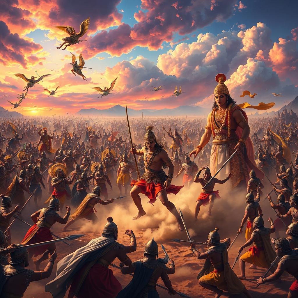 A dramatic and grand depiction of a Mahabharata war scene, showcasing a massive battlefield filled with warriors from both the Pandavas and Kauravas, clad in intricate armor and traditional attire