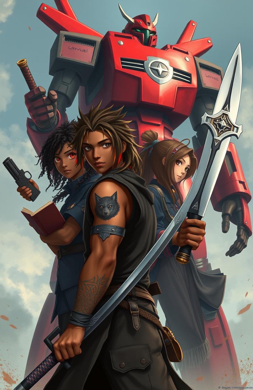 A strong African American male hero, 16 years old, inspired by Noctis from Final Fantasy, sporting brown dreadlocks with blonde tips styled like Noctis's hair