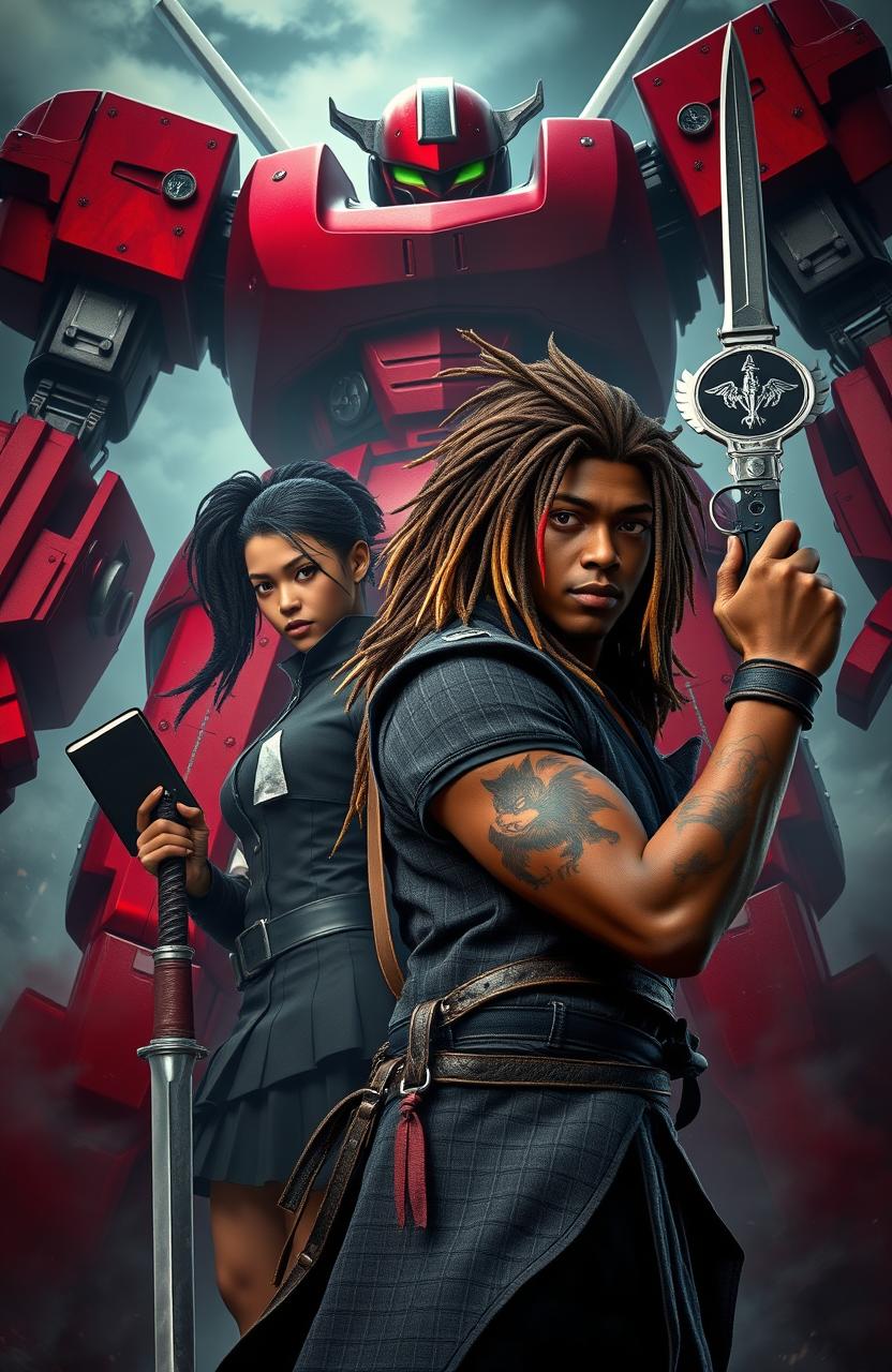 An epic scene featuring a 16-year-old African American male hero, dressed in attire similar to Noctis from Final Fantasy