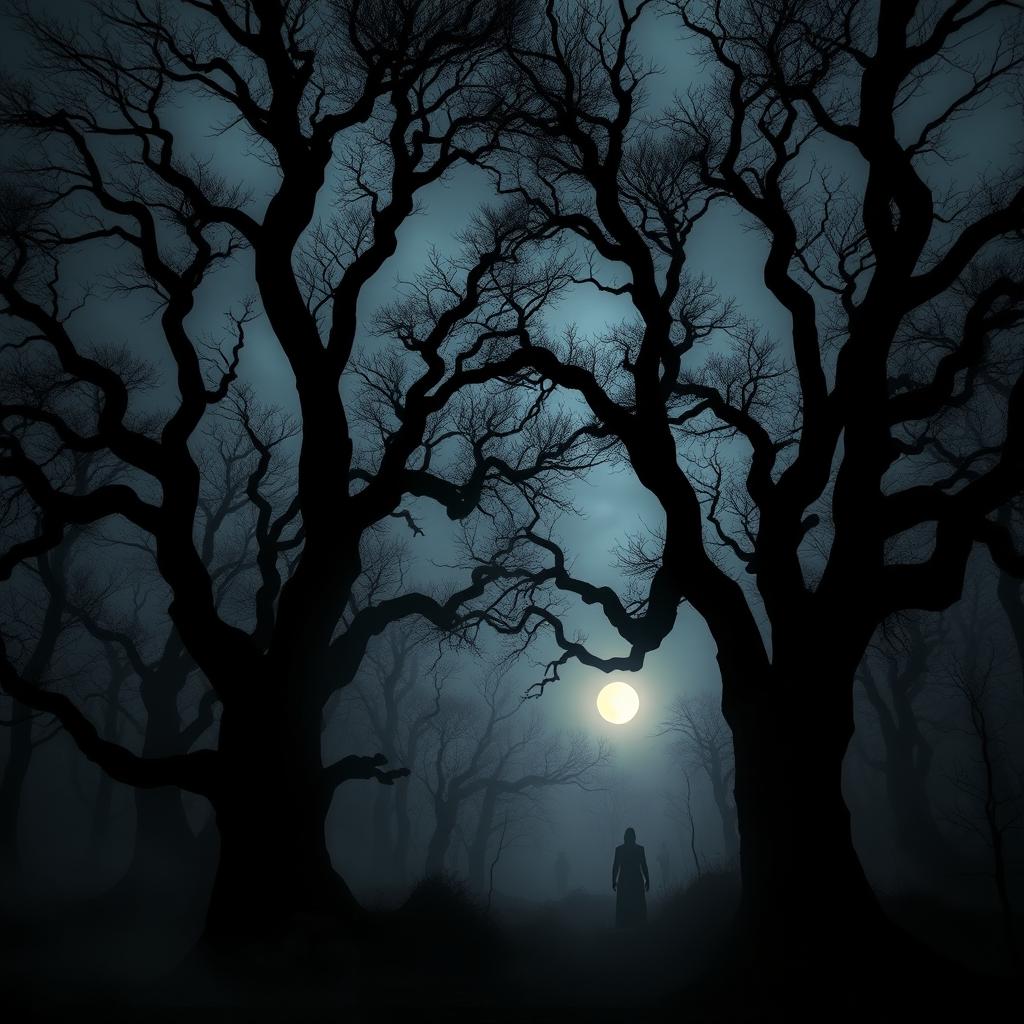 A haunted forest at twilight, shrouded in mist, with towering, twisted trees silhouetted against a cloudy sky
