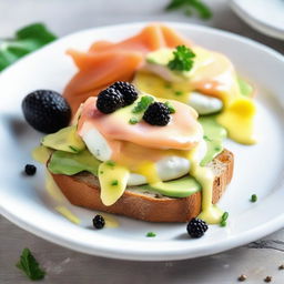 Two poached eggs on a slice of crusty bread, smothered in ripe avocado, savory smoked salmon, luxurious caviar, and covered in a rich, creamy hollandaise sauce. All beautifully arranged on a white porcelain plate.