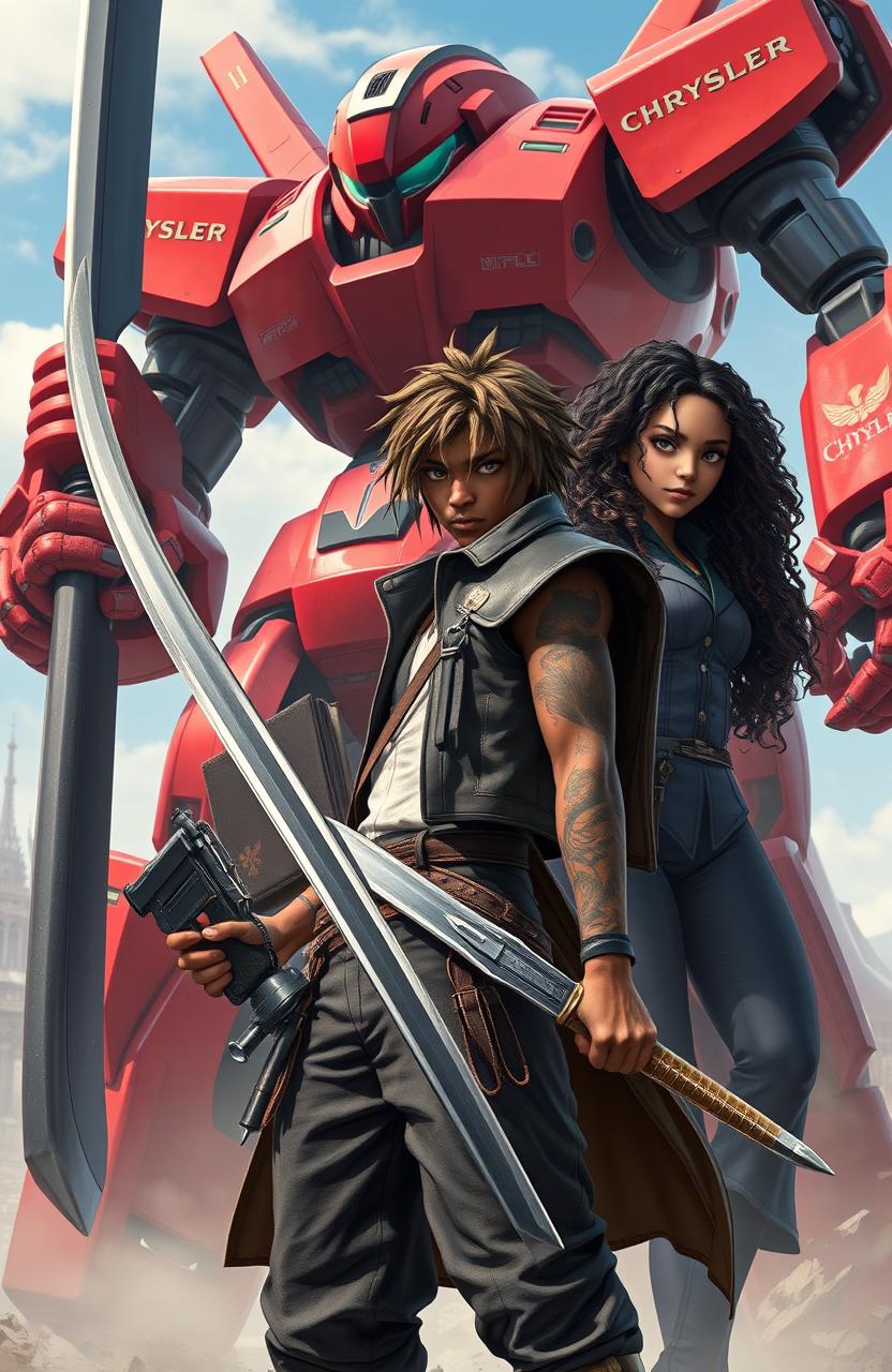 A vibrant and dynamic scene featuring a 16-year-old African American male hero dressed in a stylish outfit similar to Noctis from Final Fantasy