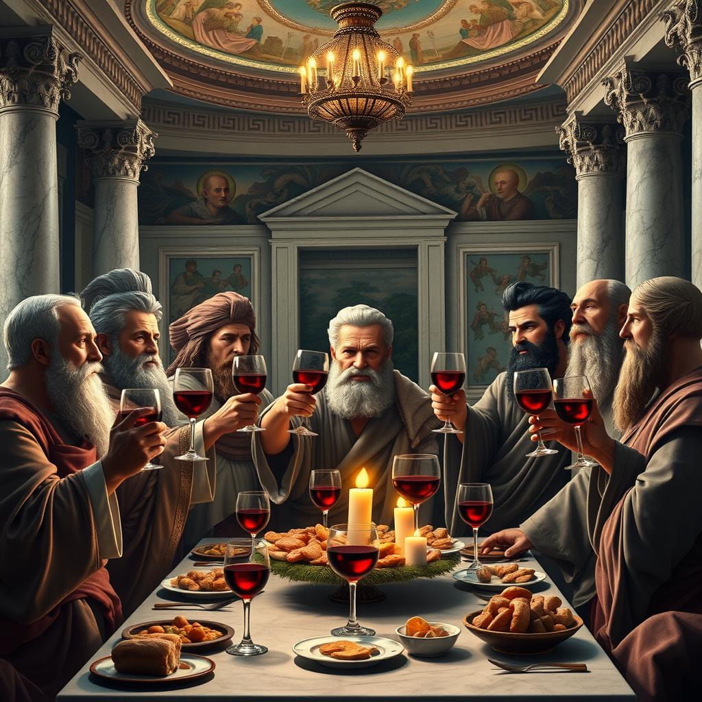 A dramatic representation of a scene from Plato's Symposium, showcasing a lively gathering of philosophers in ancient Greece, each holding glasses of rich red wine