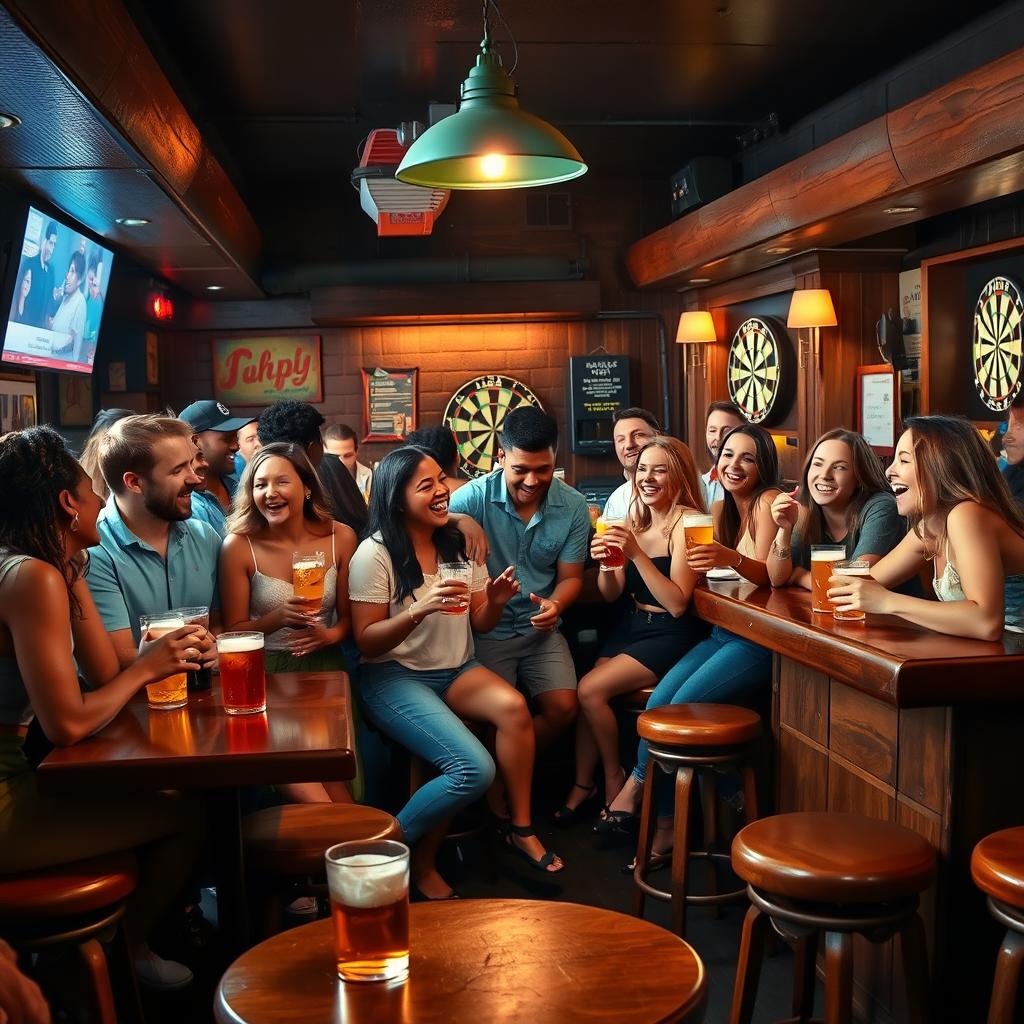 A lively bar scene filled with friends enjoying their time together