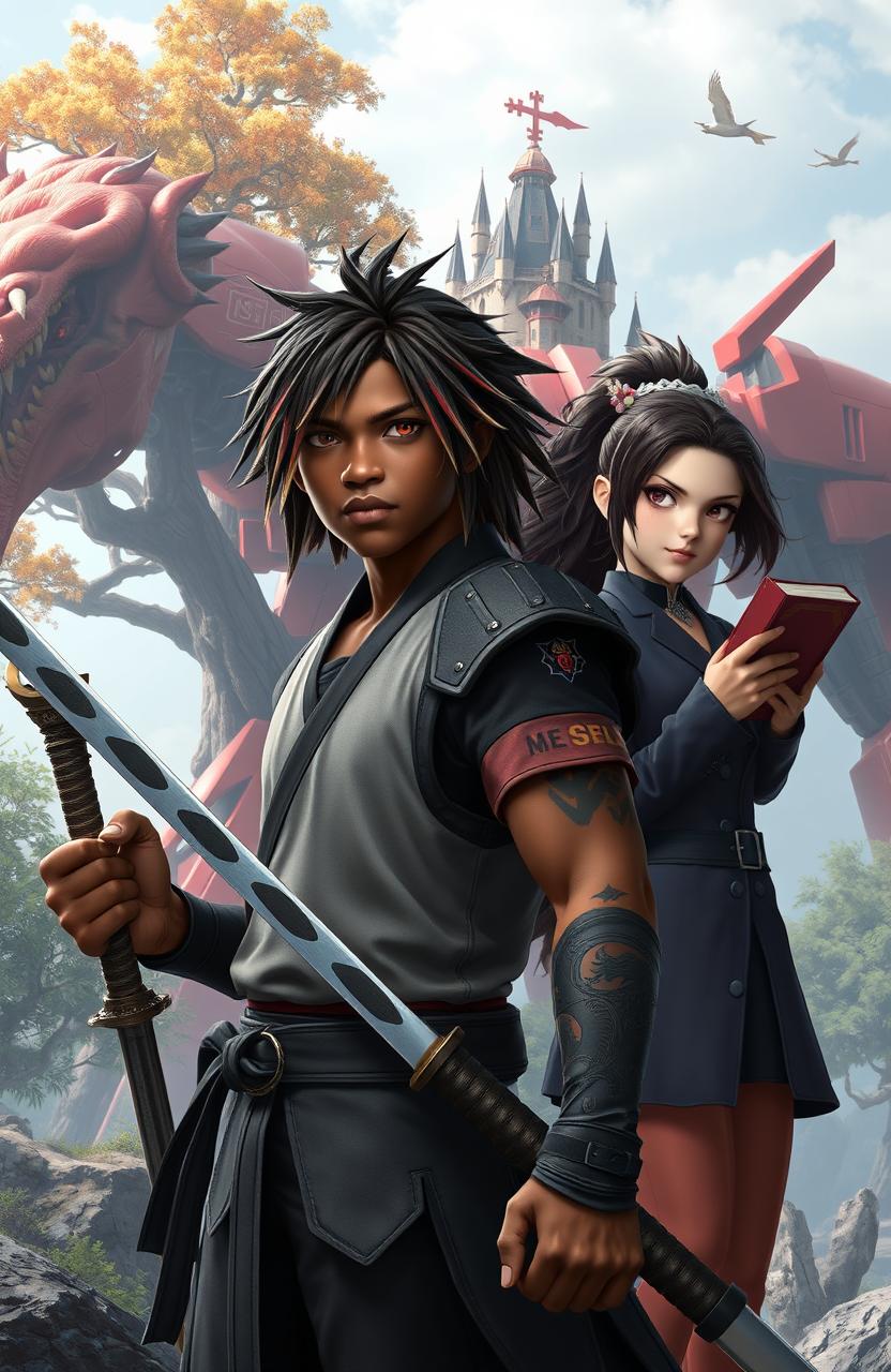 An African American male hero, 16 years old, dressed like Noctis from Final Fantasy, standing strong with a katana in his right hand and a bible in his left