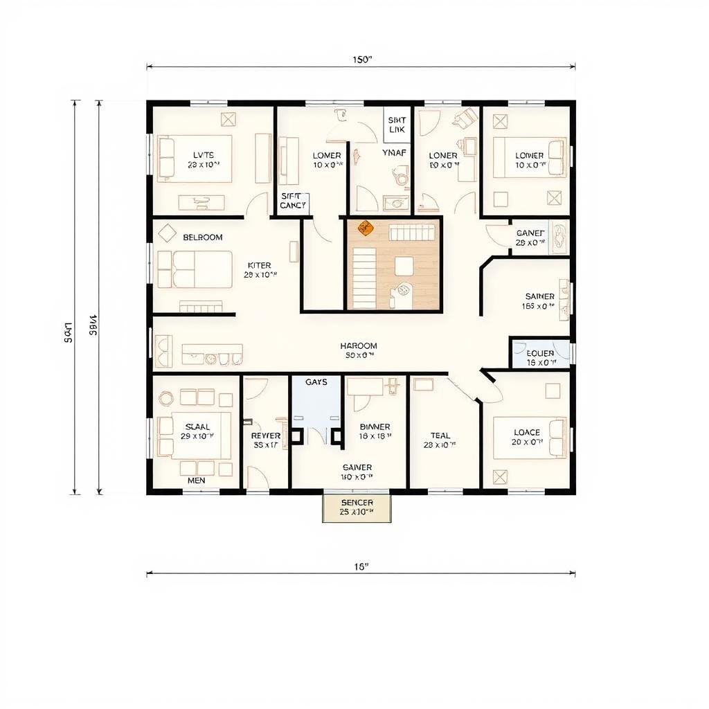 A detailed floor plan of a modern building, prominently featuring accurate measurements and dimensions indicated alongside the ruler located in the bottom left corner