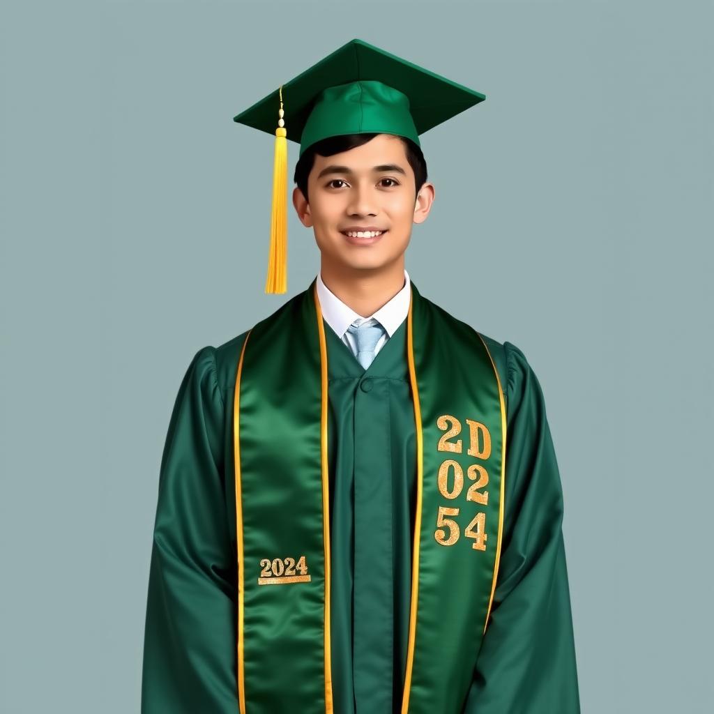 A full-body portrait of a graduate standing proudly, wearing a battle green cap and gown