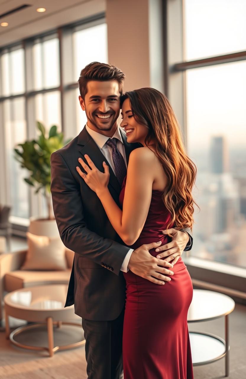 A captivating image of a handsome man in a well-fitted suit and a beautiful woman, elegantly dressed, in a warm embrace