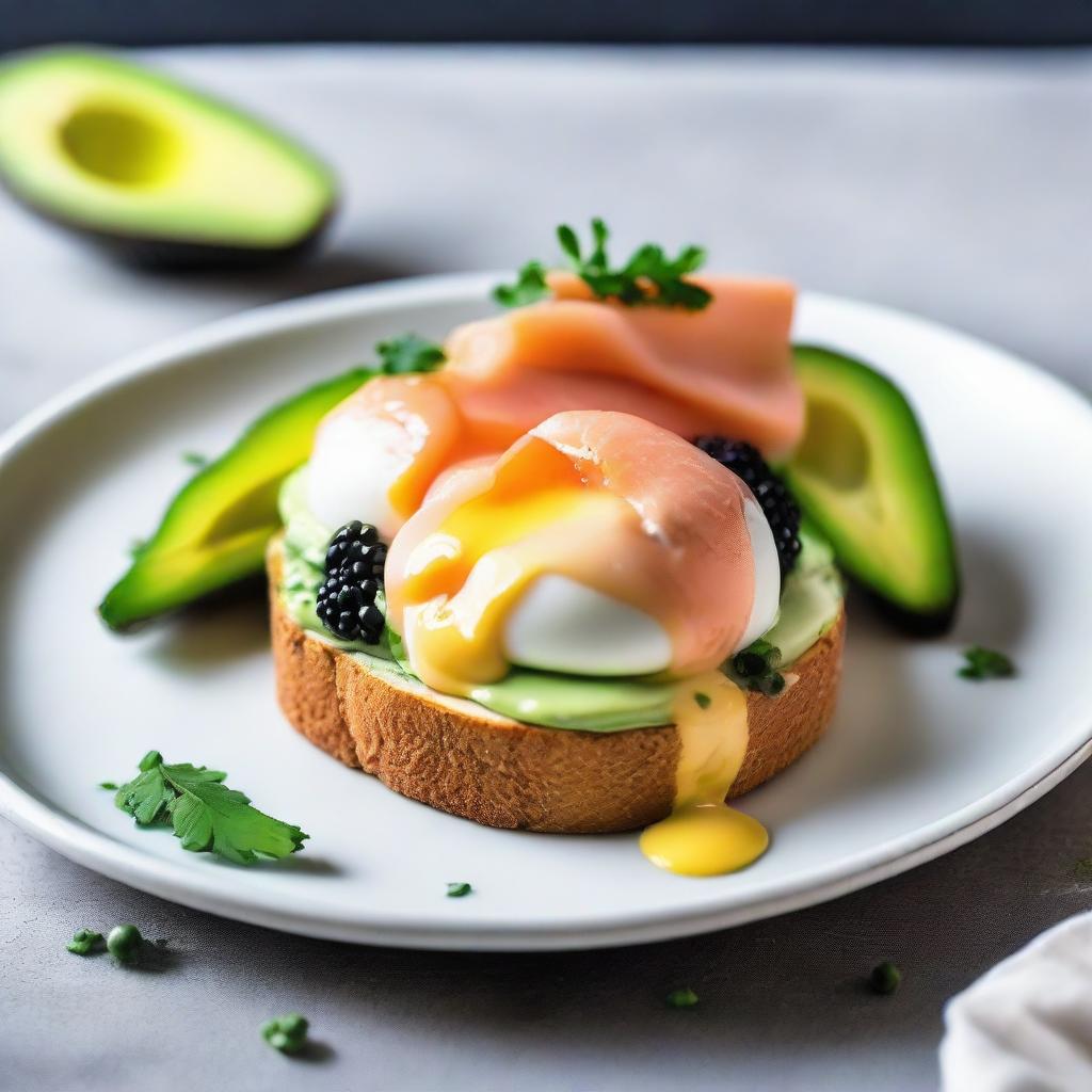 Two poached eggs on a slice of crusty bread, smothered in ripe avocado, savory smoked salmon, luxurious caviar, and covered in a rich, creamy hollandaise sauce. All beautifully arranged on a white porcelain plate.