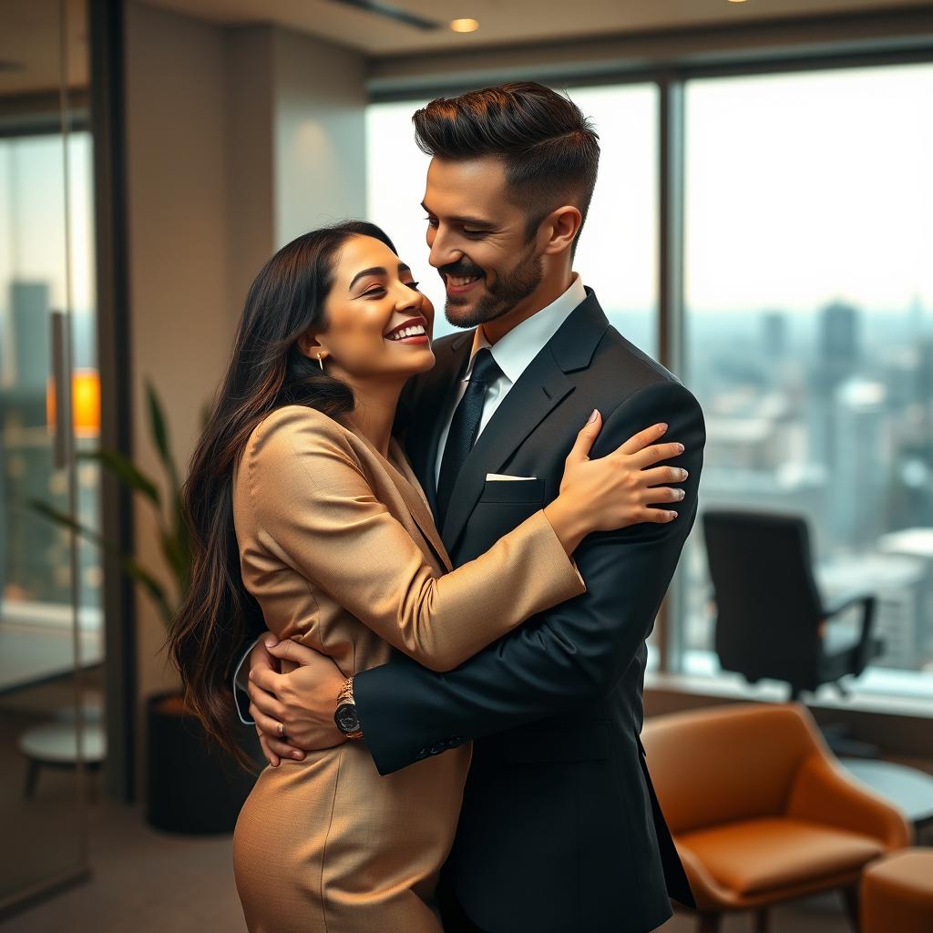 A beautiful and captivating scene of a sophisticated man in a sharp suit embracing an elegant woman, who is dressed in a stylish outfit