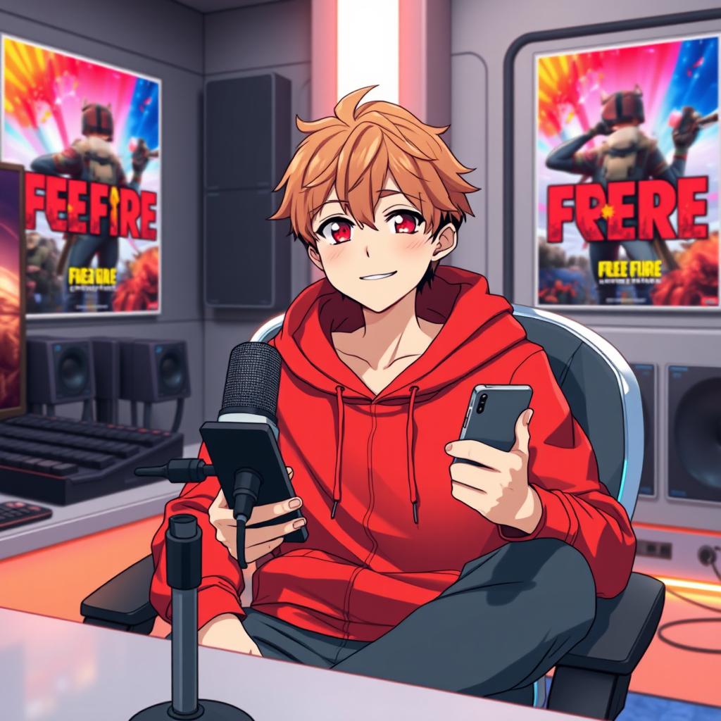 An anime boy with a mature appearance, sitting confidently in his futuristic studio
