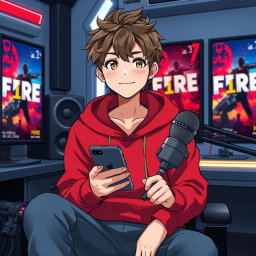 An anime boy with a mature appearance, sitting confidently in his futuristic studio