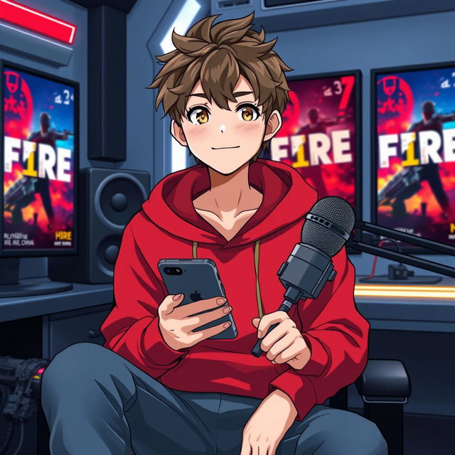 An anime boy with a mature appearance, sitting confidently in his futuristic studio