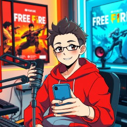 An anime boy with a mature appearance, sitting confidently in his futuristic studio