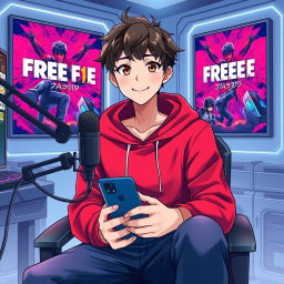 An anime boy with a mature appearance, sitting confidently in his futuristic studio