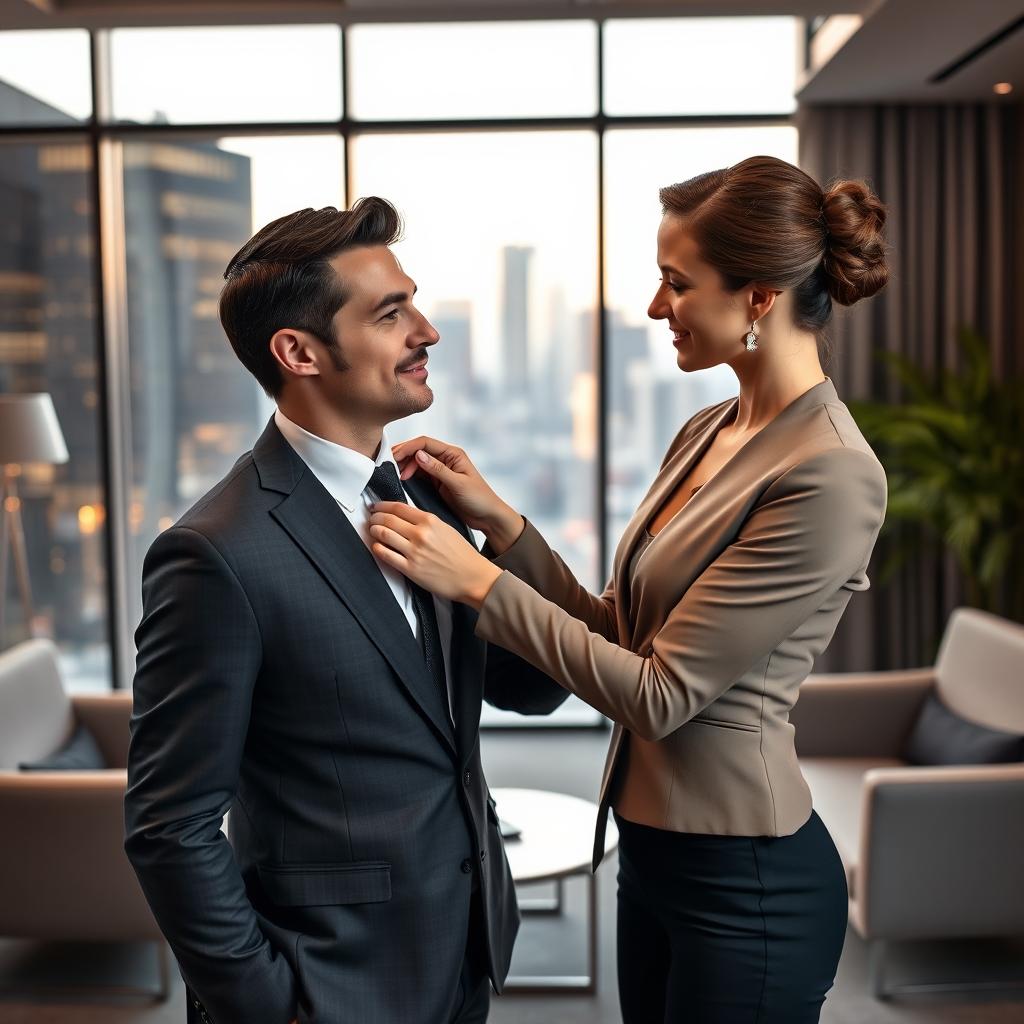 A beautiful and captivating scene set in a modern office, featuring a stylish man in a tailored suit and an elegant woman helping him adjust his tie or shirt