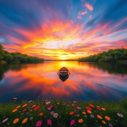 A straight-on front view of a serene landscape featuring a vibrant sunset over a calm lake, with colorful reflections in the water