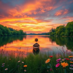 A straight-on front view of a serene landscape featuring a vibrant sunset over a calm lake, with colorful reflections in the water
