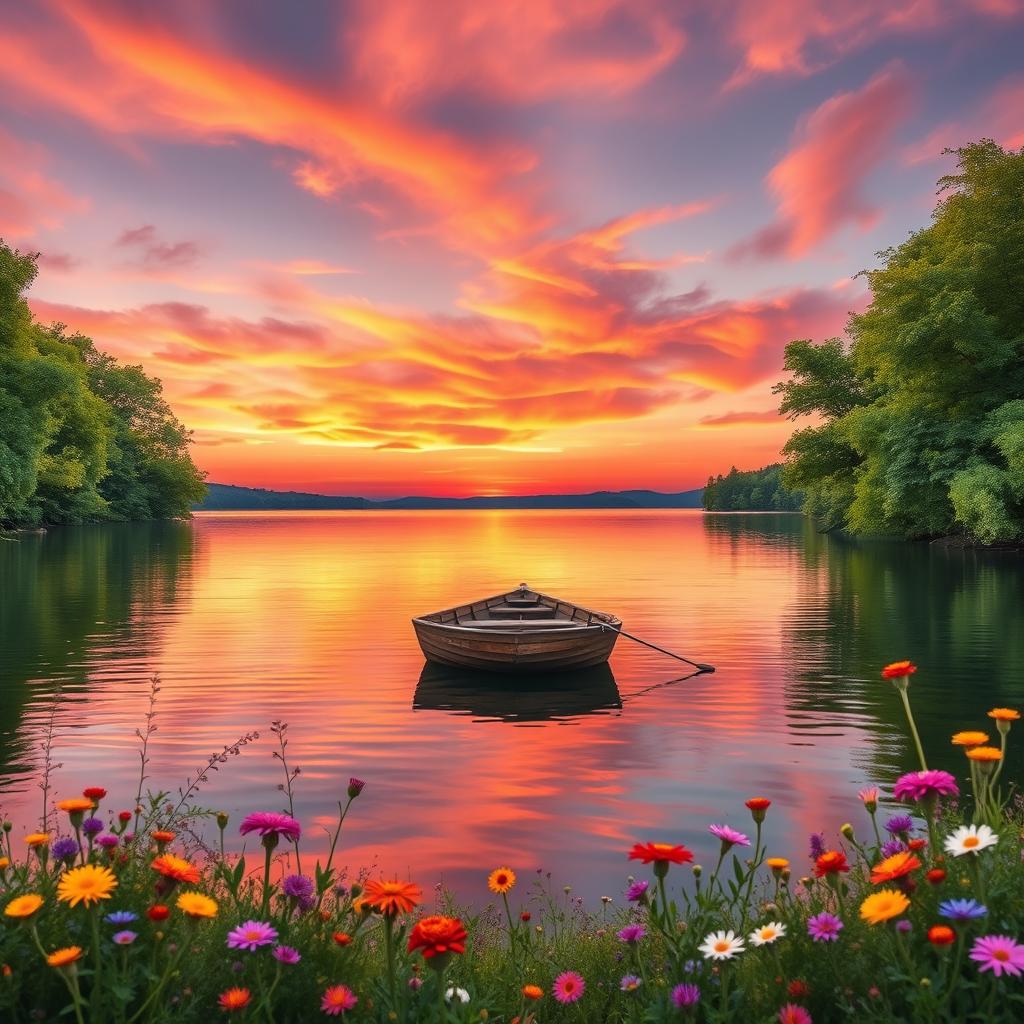 A straight-on front view of a serene landscape featuring a vibrant sunset over a calm lake, with colorful reflections in the water